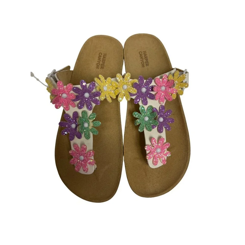 NEW Harper Canyon Girl's Sandals White Floral Slip On Thong Size 4 Youth Adjust